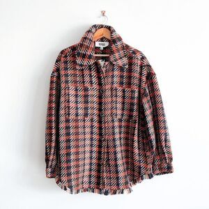 BB Dakota Steve Madden Womens Tweed Jacket Plaid Button Front Orange Large